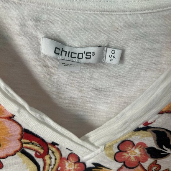 Chico's Women's Floral Elbow Sleeve A-Line Tee Sz 0 Multicolor Fall V-Neck Comfy - Picture 6 of 7
